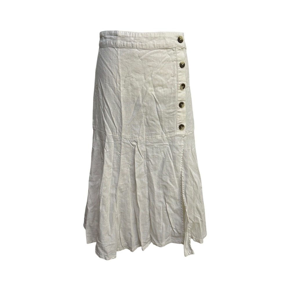 Free People Linen Midi Skirt 6 Ivory Button Boho Coastal Cowgirl Cottagecore - Picture 1 of 11
